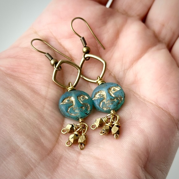 Blue Czech Glass Moon Face w/Brass Dangles, Handmade Artisan Celestial Earrings - Picture 11 of 12